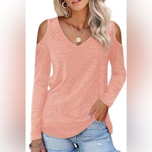 Peach Cold Shoulder V-Neck Top | Size L | Soft Stretch Casual